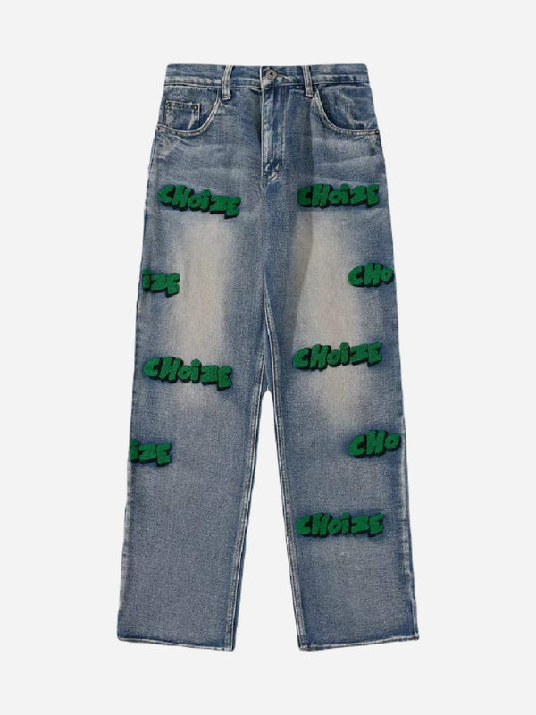 Jeans washed out with green print